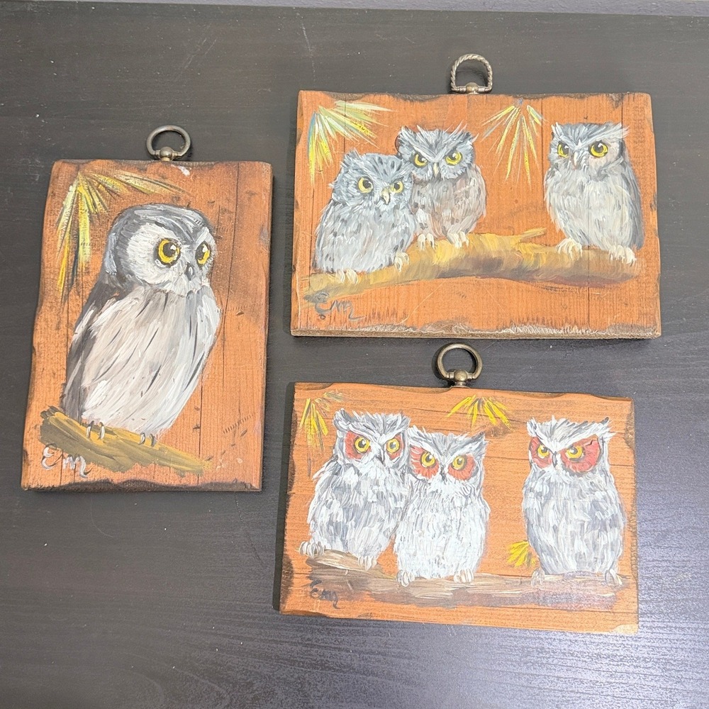 Vintage Hand Painted Screech Owl Wood Plaque Set 3 Rustic Folk Art Signed EM